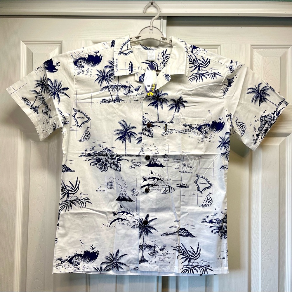 NWT Palmwave Hawaii Map Print Button Down Shirt - Men’s Large- White & Navy